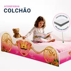 Mini Cama Carro Princesa Carruagem Infantil Feminina Menina em MDF Adesivada com Personagens Divertidos Colchão Incluso
