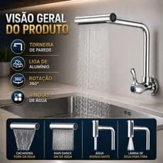 Torneira De Cozinha Cascata 360 Rotação 4 Funções Bocal De Alta Pressão Misturadora De Pia Para Cozinha Na Parede