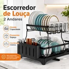 Escorredor de Louças 2 Andares Preto 42cm Organizador de Pia Cozinha com Porta Talheres Porta Copos e Bandeja Coletora