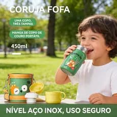Garrafa Térmica Infantil Coruja Fofa 450ml Aço Inoxidável 3 Tampas Portátil para Escola e Passeio