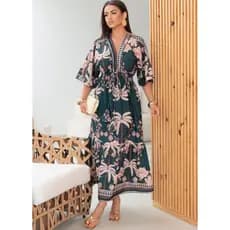Vestido Midi Feminino  Boho Chic Manga Morcego Casual Dia a Dia  Lastex Na Cintura com Detalhe em Amarração
