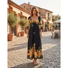 Vestido Longo Viscose Sarjada Estampado Manga Longa Com Elástico Decote V Ajustável Lastex Costas Feminino Elegante