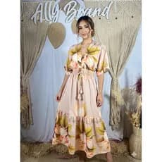 Vestido Midi Feminino Manga Morcego Soltinho para Verão Estilo Romântico com Babado Amarração Na Cintura Casual