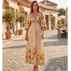 Vestido Longo Inverno Viscose Sarjada Detalhe Lastex Manga Longa Bufante Decote V Ajustável Tendência