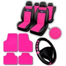 kit Capa Banco Couro ford + Tapete + Volante preto e rosa Eco Sport Focus Fiesta Ka