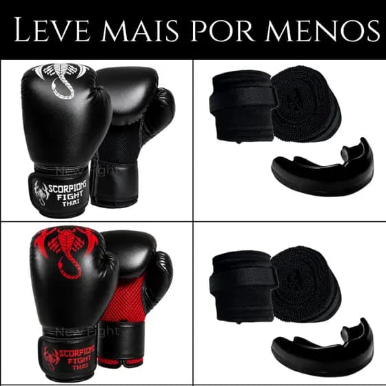 Duas Luvas de Muay Thai + Dois Protetores Bucais + Dois pares de Bandagem