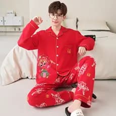 2025 novo estilo meninos dos desenhos animados pijamas masculino festivo vermelho puro algodão terno Plus Size masculino