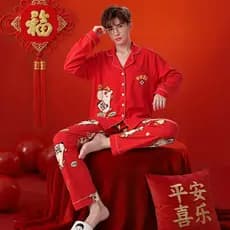 Ano do cavalo masculino primavera outono pijamas festivos terno de algodão vermelho Plus Size solto masculino de manga c