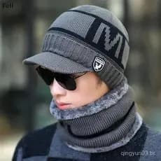 [Fel] Chapéu Masculino De Inverno De Malha De Uma Peça Sobre Um Com Capuz E Lã Espessada À Prova De Vento Frio Quente Pr