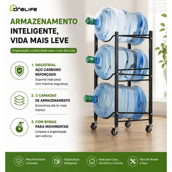 Drelife Suporte de 3 Camadas para Galões de Água, Expositor para Garrafões Purificados Prateleira Organizadora