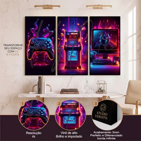 kit 3 quadros decorativos para quarto gamer fliperama controles pc gamer infantil em led