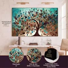 Quadro Decorativo Árvore Folhas Colorida Fundo Azul Sala Quarto Moderno Elegante
