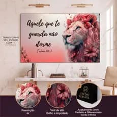 Quadro Decorativo Grande Leão Fundo Rosa Salmo da Bíblia Lindo Sala Quarto