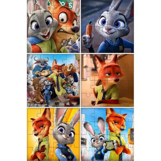 Kit 06 Jogos Quebra Cabeça Zootopia em Madeira 30 peças, 16 peças Cada