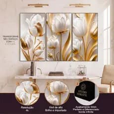 Kit 3 Quadros decorativos flores tulipas brancas douradas mosaico sala quarto escritório hall