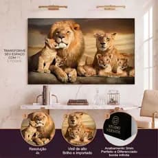 Quadro Decorativo De Leão Família Grande Com 4 Filhotes Moderno Amor União
