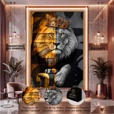 Quadro Decorativo Leão juda Rei coroa dourado e Cinza moderno Sala Quarto Luxo