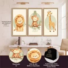 Kit 3 Quadros intanfil safari animais personalizado com nome para decorar quarto do seu bebê