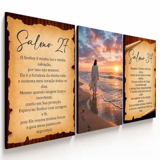 Quadro Decorativo Jesus Paisagem Salmos 27 e 34 (3 Peças)
