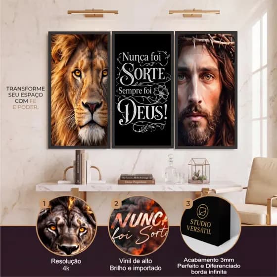 Trio Quadros Decorativos Leão Judá Jesus Cristo Religião Moderno Cristão Com Moldura