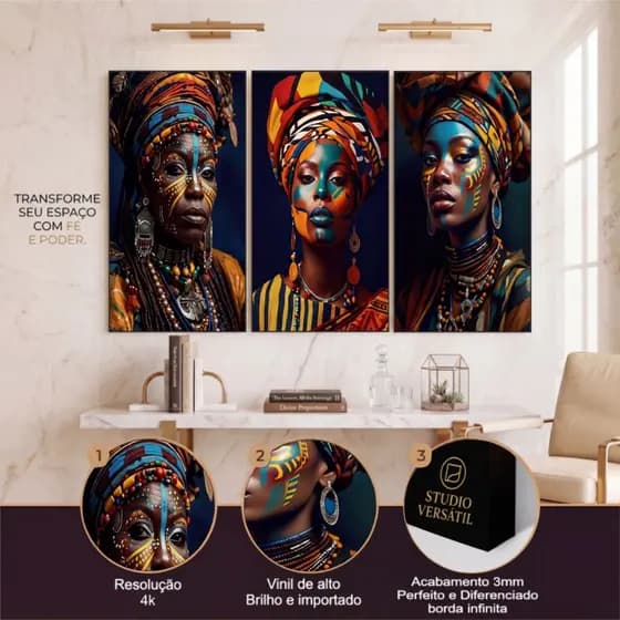 Quadros Decorativos Placa 3 Peças Mulheres Africanas Moderno Cultura Casa Sala Quarto Decoração