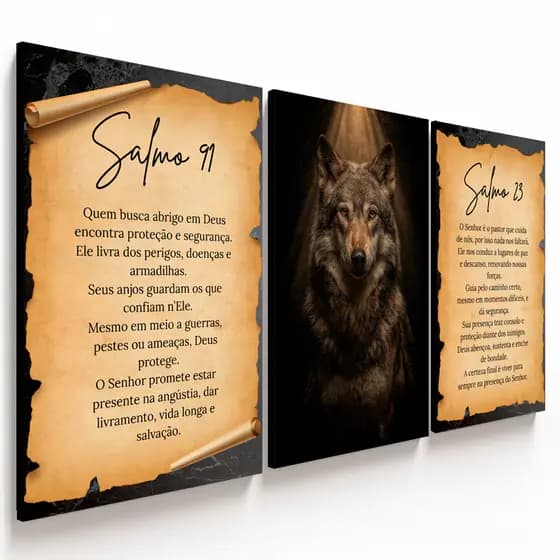 Kit 3 Quadros Decorativos Lobo Salmo 23  e 91 Capítulo Da Bíblia