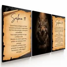 Kit 3 Quadros Decorativos Lobo Salmo 23  e 91 Capítulo Da Bíblia