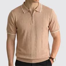 Camisa Polo de Tricô Masculina | Moda Legal Homem | Jacquard Vazado com Zíper Respirável Casual Executivo