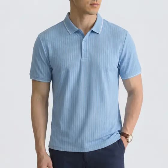Camisa Polo Masculina |Moda Legal Homem| Textura Vertical Não Amassa Manga Curta Social Azul