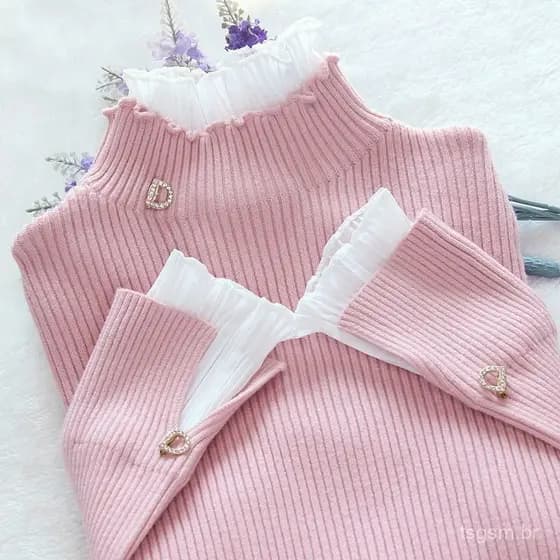 Blusa de malha plus size para clima frio feminina, Suéter de renda feminino com gola enrolada em folha de lótus, Suéter