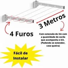 Varal alumínio reforçado retrátil de parede para roupas apartamento sacada. Que suporta até 90kg