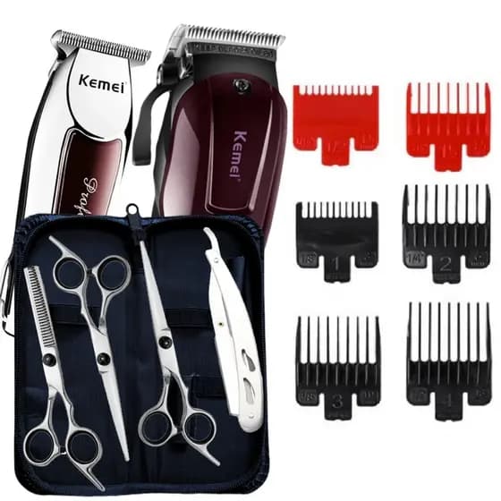 Kit Máquinas de Cortar Cabelo KM2600 KM032 + Tesouras Profissionais para Barbeiro | Tesoura Fio + Navalha + Capa