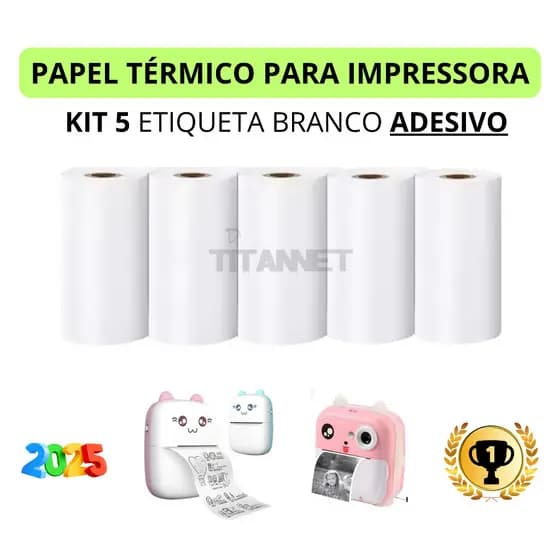 Kit 5 Bobina Etiqueta Térmica Adesiva 57x30mm Branco Mini Impressora