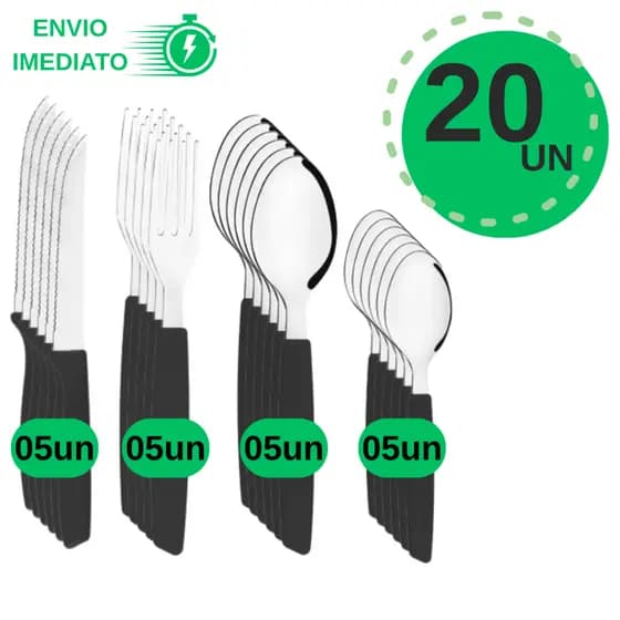Kit de Talheres Inox 20 Peças Cabo Colorido Faqueiro Completo Resistente para Cozinha e Refeições