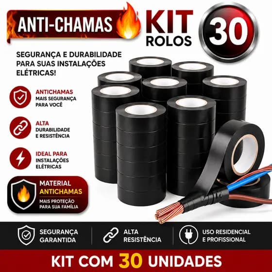 Kit 30  Fita Isolante Preta Antichamas 5 Metros Alta Resistência para Instalações Elétricas