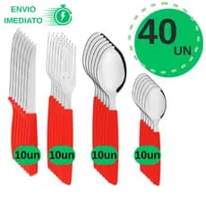 Kit Talheres Inox 40 Peças Cabo Vermelho – Faca, Garfo, Colher Mesa e Chá
