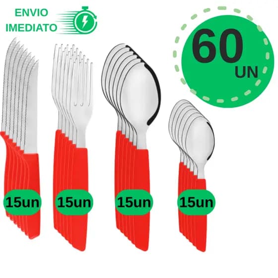 Kit de Talheres Inox 60 Peças Cabo Colorido Faqueiro Completo Resistente para Cozinha e Refeições