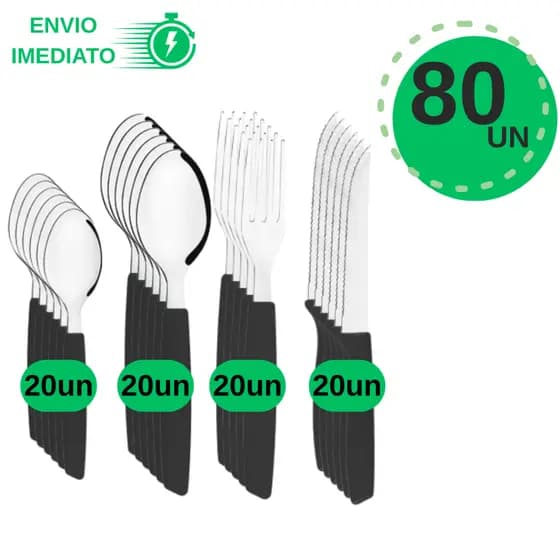 Kit de Talheres Inox 80 Peças Cabo Colorido Faqueiro Completo Resistente para Cozinha e Refeições
