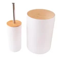 Kit de Banheiro Luxo 2 pçs Lixeira e Escova Sanitária com Tampa de Bambu