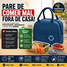 Bolsa Térmica Marmita 4L com Bolso Lateral Lancheira Térmica Trabalho Academia Reforçada