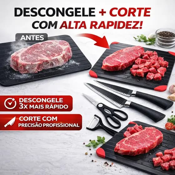 Kit Facas Profissionais 6 Peças Inox + Tábua Descongelamento Rápido Cozinha Chef Completo
