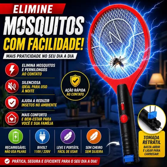 Raquete Elétrica Mata Mosquito Recarregável Bivolt Mata Insetos Pernilongo Dengue Portátil
