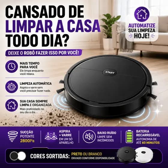 Robô Aspirador de Pó Recarregável 2800Pa Automático Sensor Obstáculos Limpeza Inteligente 110v