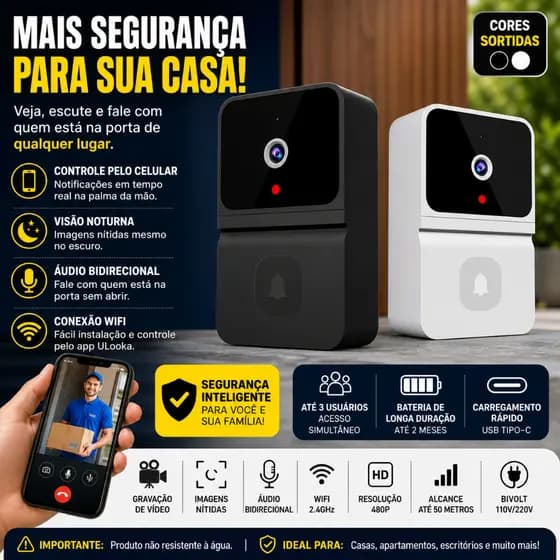 Campainha com Câmera WiFi Visão Noturna App Celular Vídeo Porteiro Sem Fio Bivolt