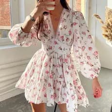 42741 Vestido Curto Feminino Novo Estilo Doce Temperamento Impresso com Renda Decote em V (8536)4987