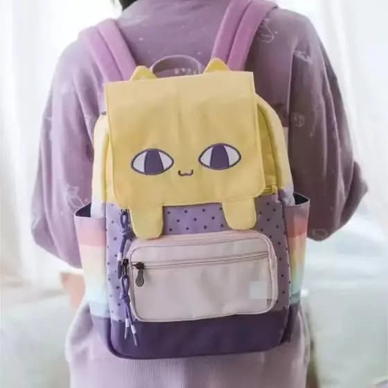 42741 Mochila Leve Pequena Amarela para Gato, Estilo Feminino Versátil, Atmosfera Y2k, Dois Desenhos de Cartoon, Doze e