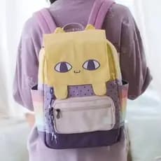 42741 Mochila Leve Pequena Amarela para Gato, Estilo Feminino Versátil, Atmosfera Y2k, Dois Desenhos de Cartoon, Doze e
