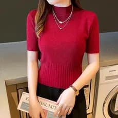 Blusa feminina de malha com gola alta e manga curta, novo estilo elegante, aparência mais esguia, combina com tudo 2601