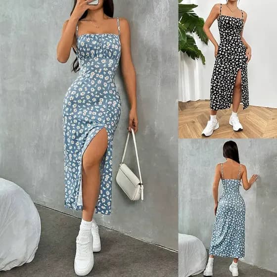 427412025 Vestido Longo com Amarração Frontal, Fenda Alta Única e Estampa de Margarida1454