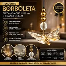Luminária Pendente Borboleta Asas Abertas LED Dourada Cristal 3 Cores de Luz Bivolt Lustre Decorativo